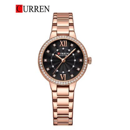 CURREN C-9085L Black Dial With Rose gold Stainless Steel Chain Wrist Watch For Women With Brand (Box & Bag) - Timecheck