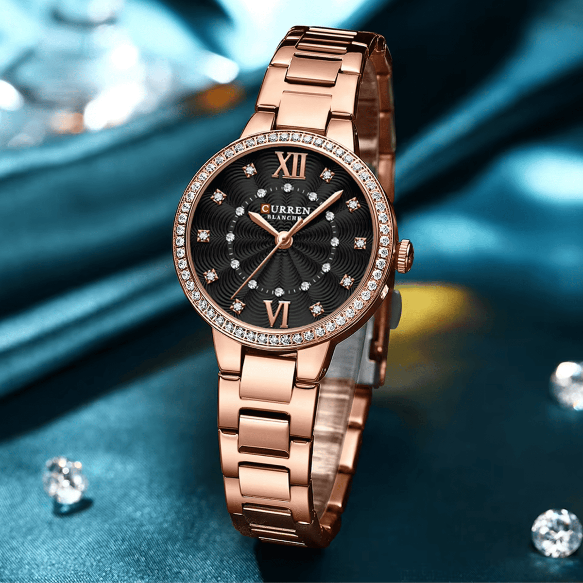 CURREN C-9085L Black Dial With Rose gold Stainless Steel Chain Wrist Watch For Women With Brand (Box & Bag) - Timecheck