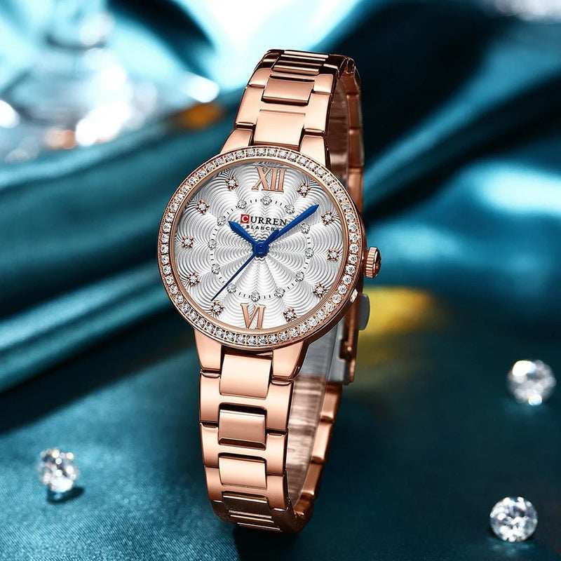 CURREN C-9085L Rose Gold Dial With Rose gold Stainless Steel Chain Wrist Watch For Women With Brand (Box & Bag) - Timecheck