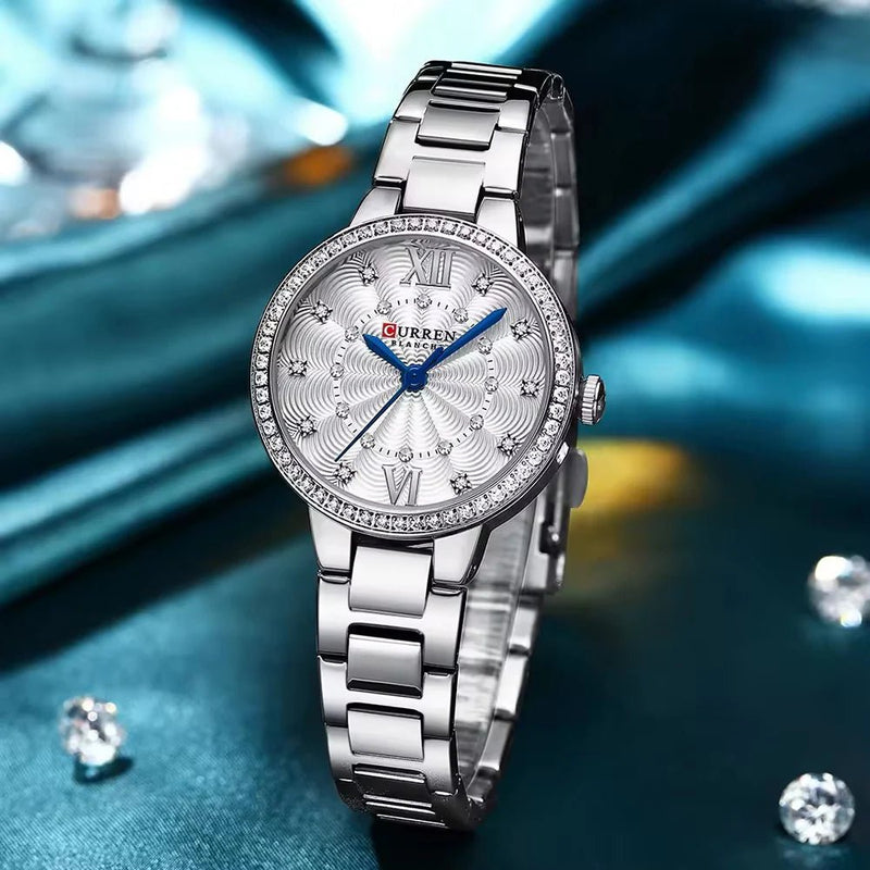 CURREN C-9085L Silver Dial With Silver Stainless Steel Chain Wrist Watch For Women With Brand (Box & Bag) - Timecheck