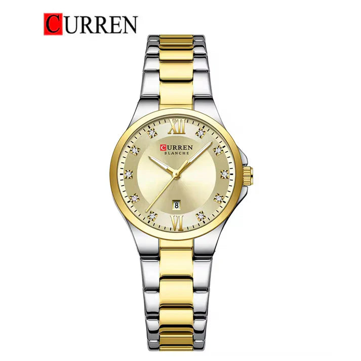 C-9107L Curren Golden Dial & Golden Silver Stainless Steel Chain Analog Quartz Women's Watch.