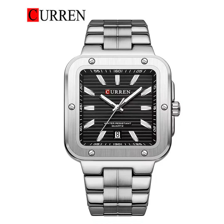 M:8479 CURREN Black Dial SILVER Stainless Steel Chain Analog Quartz Men's Watch With Box & Bag