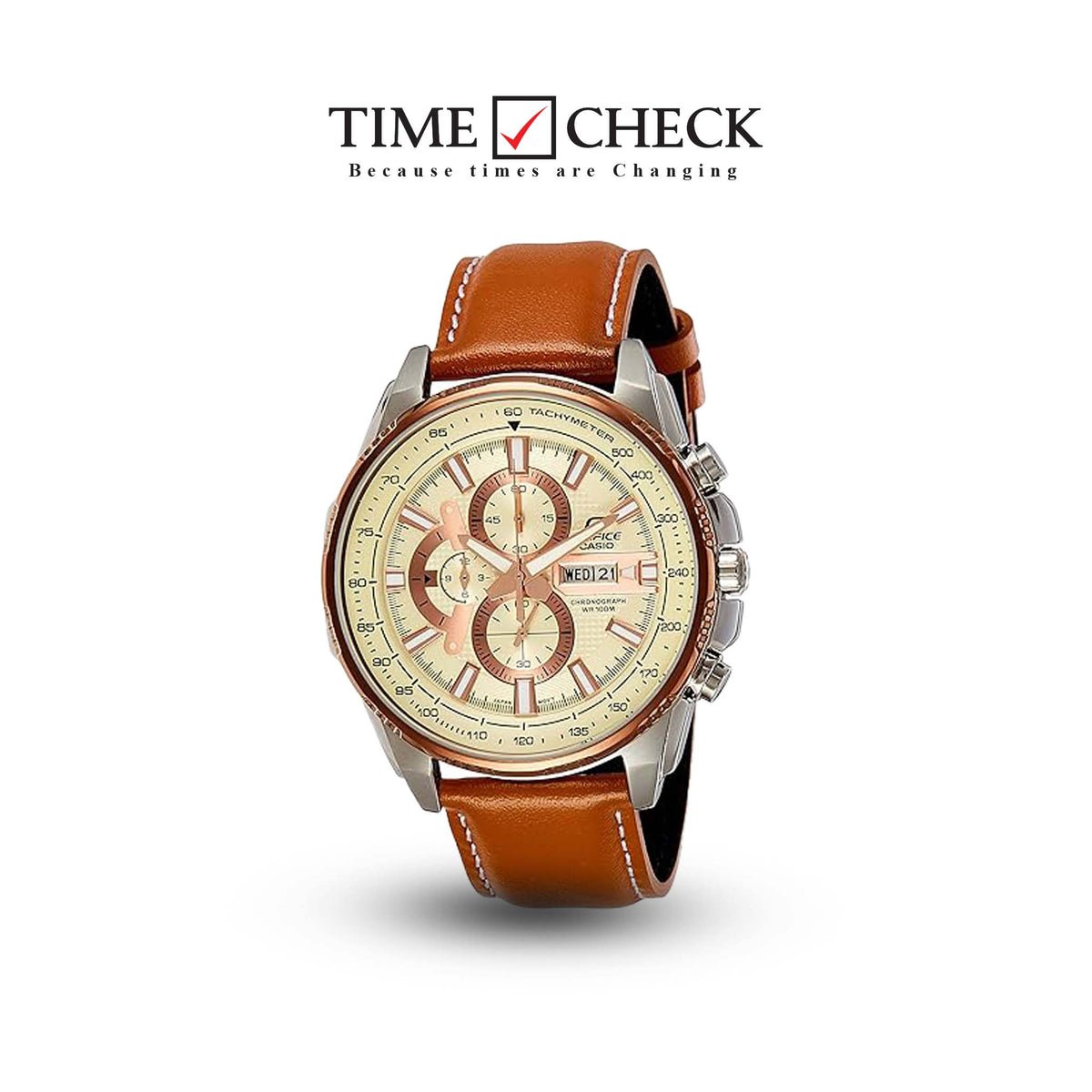 EFR-549L-7AVUDF Casio Edifice Brown Leather Strap Chronograph White Dial Men's Watch. - Timecheck
