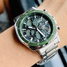 EFV-600D-3CVUDF Casio Edifice Green Dial Silver Stainless Steel Chain Analog Men's Watch. - Timecheck