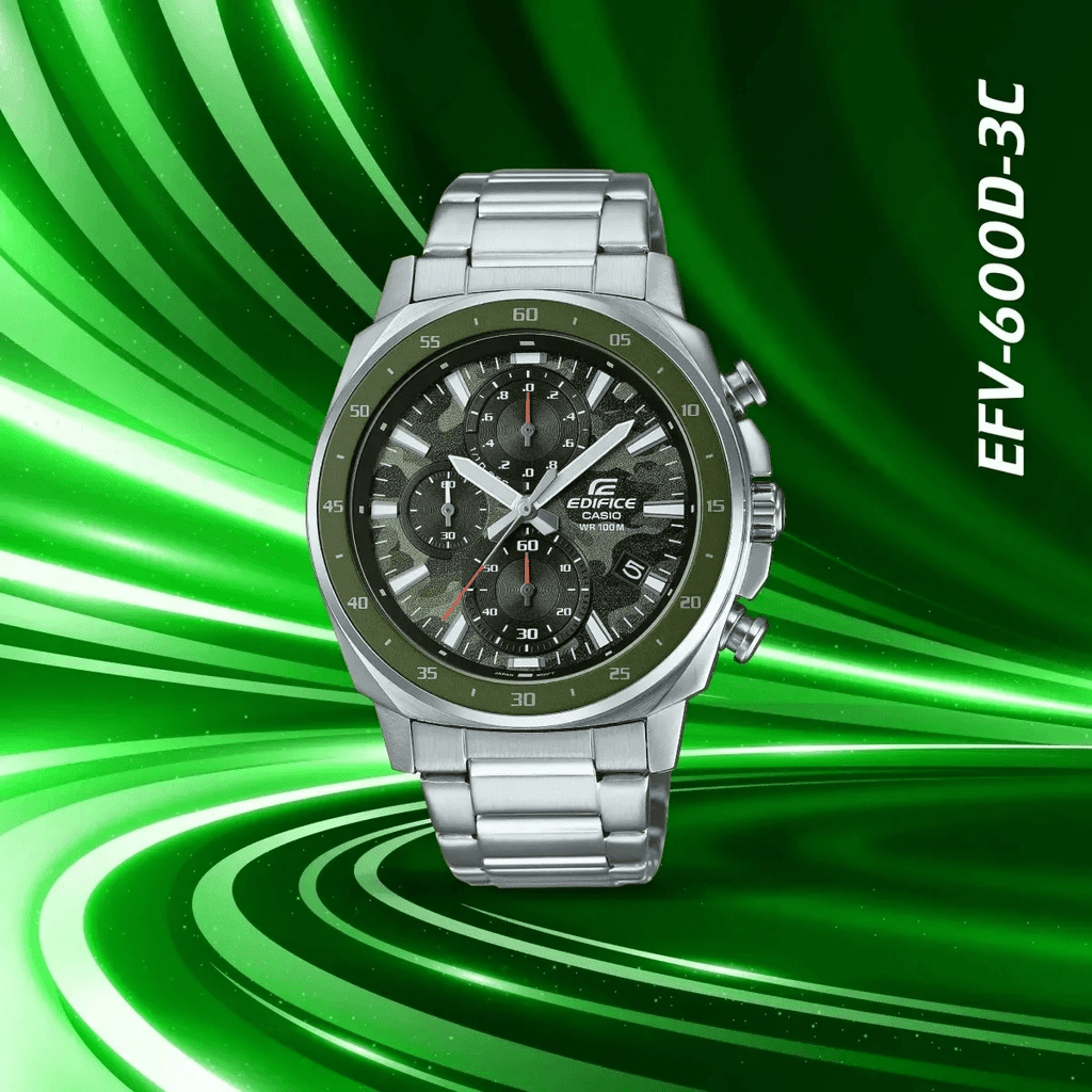 EFV-600D-3CVUDF Casio Edifice Green Dial Silver Stainless Steel Chain Analog Men's Watch. - Timecheck