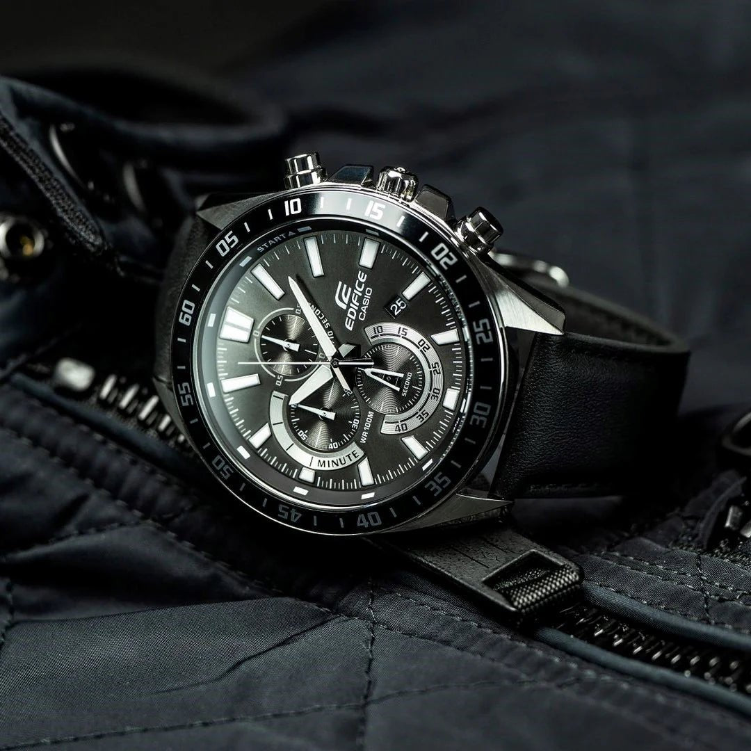 EFV-620L-1AVUDF Casio Edifice Black Analog Chronograph Black Leather Men's Watch. - Timecheck
