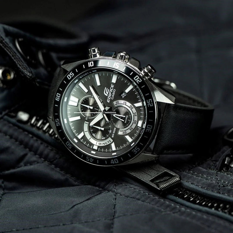 EFV-620L-1AVUDF Casio Edifice Black Analog Chronograph Black Leather Men's Watch. - Timecheck