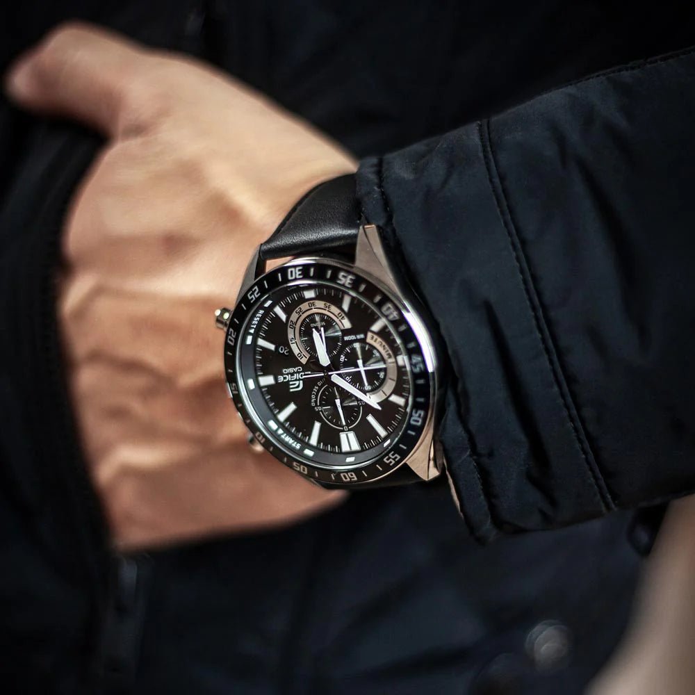 EFV-620L-1AVUDF Casio Edifice Black Analog Chronograph Black Leather Men's Watch. - Timecheck