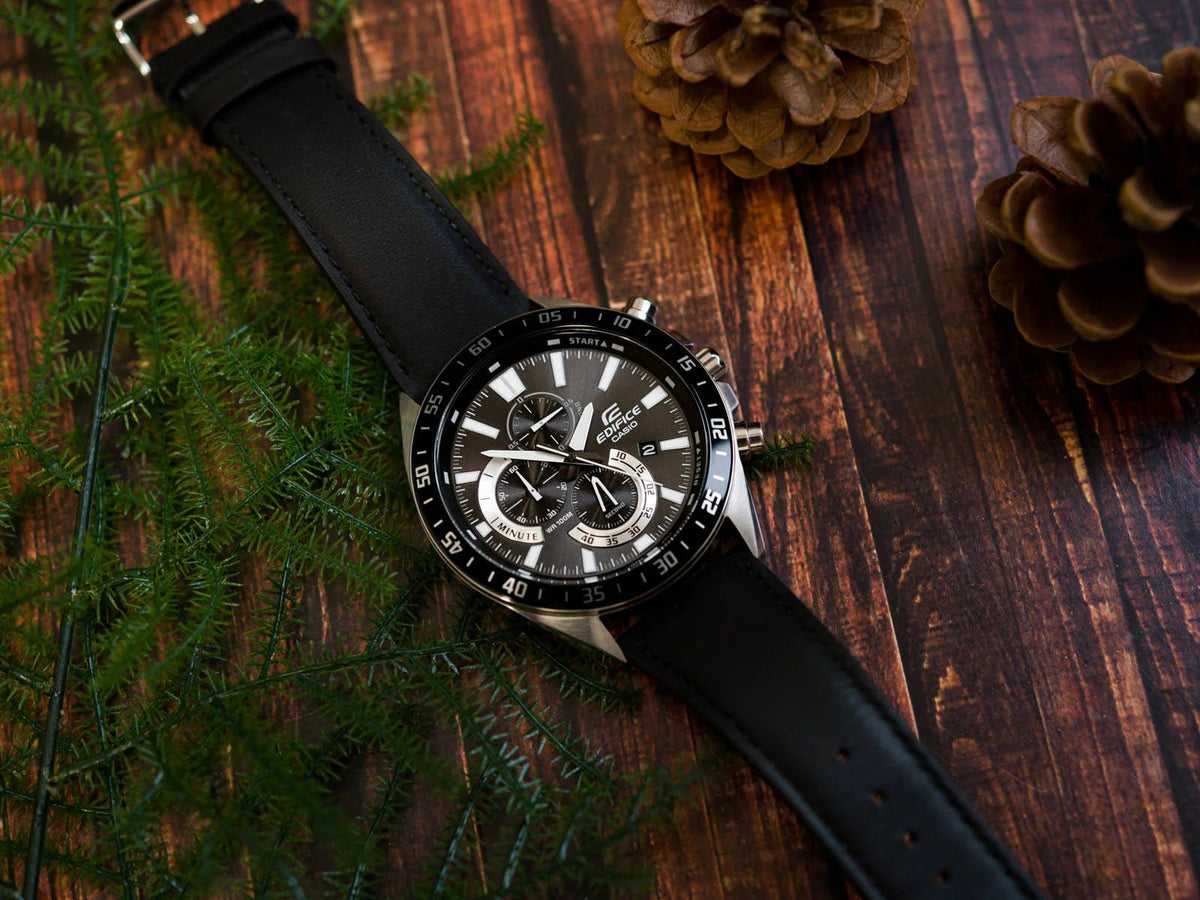 EFV-620L-1AVUDF Casio Edifice Black Analog Chronograph Black Leather Men's Watch. - Timecheck