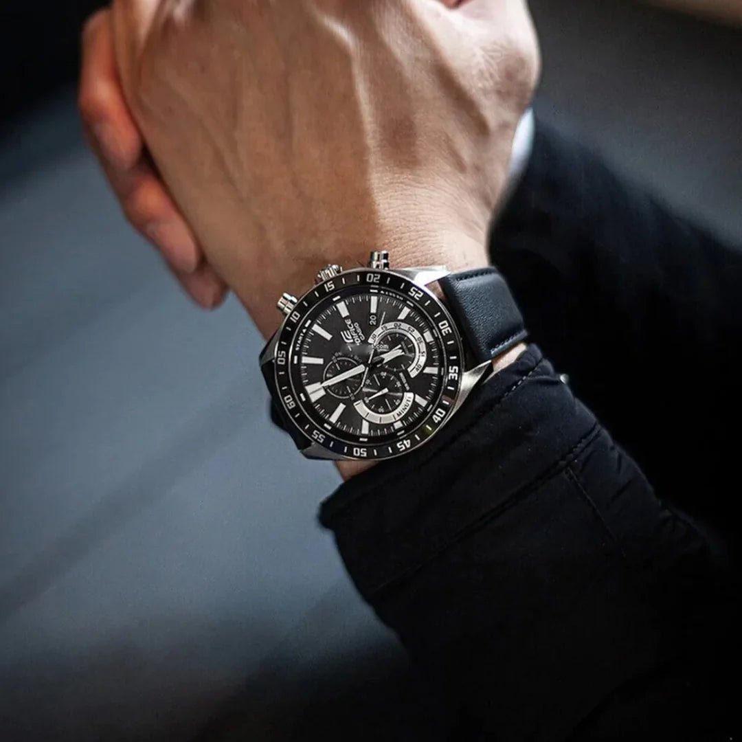 EFV-620L-1AVUDF Casio Edifice Black Analog Chronograph Black Leather Men's Watch. - Timecheck