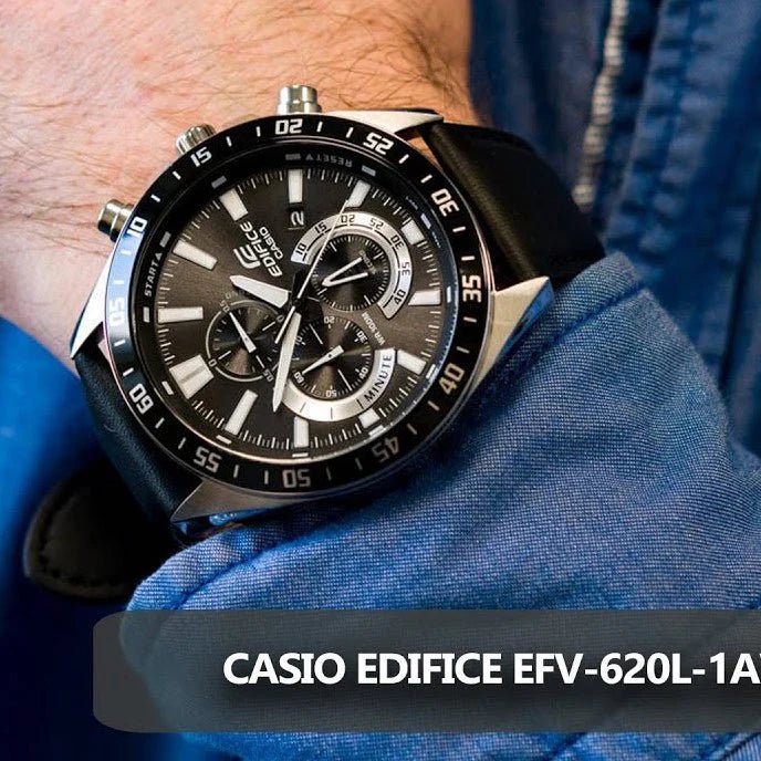 EFV-620L-1AVUDF Casio Edifice Black Analog Chronograph Black Leather Men's Watch. - Timecheck