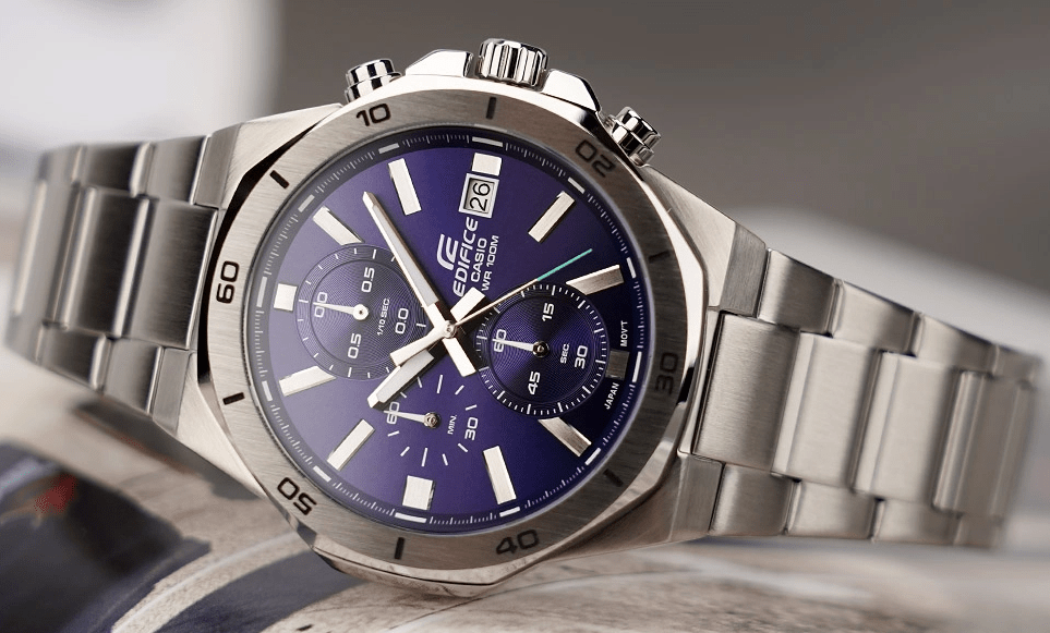 EFV-640D-2AVUDF Casio Edifice Blue Dial Silver SS Chain Analog Chronograph Men's Watch. - Timecheck
