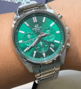 EFV-650D-3AVUDF Casio Edifice Green Dial Silver Stainless Steel Chain Analog Men's Watch. - Timecheck