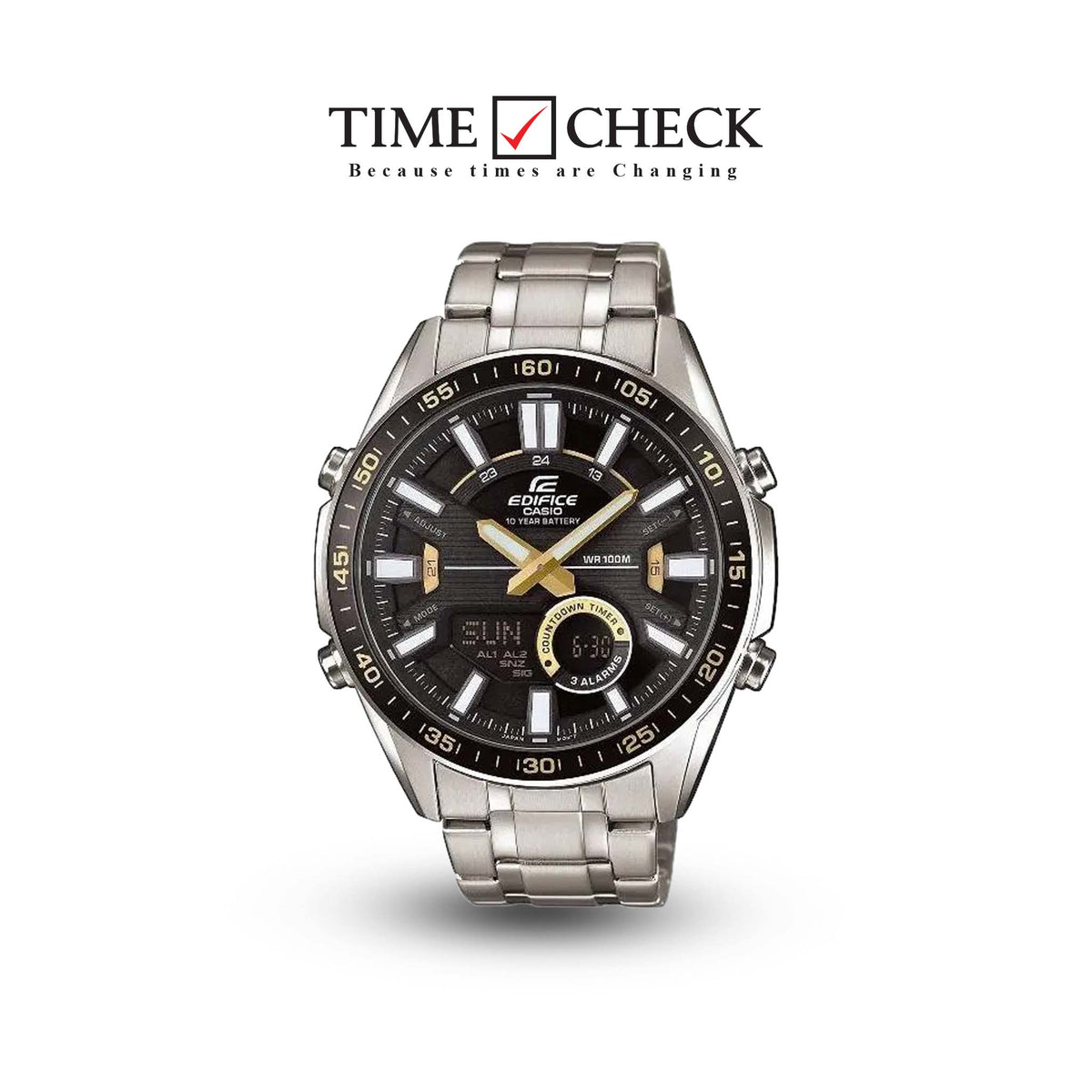EFV-C100D-1BVDF Casio Edifice Black Dial Silver SS Chain Analog Digital Men's Watch. - Timecheck