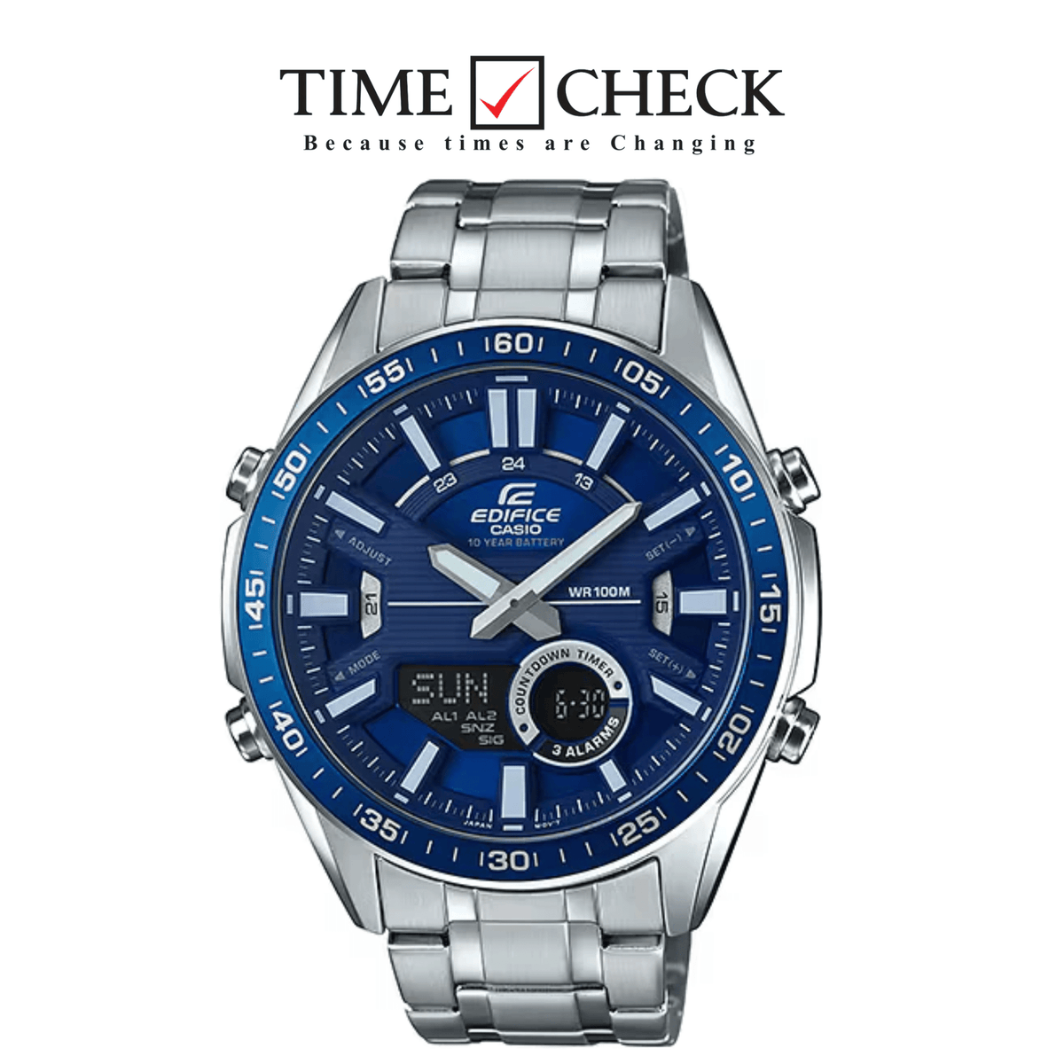 EFV-C100D-2AVDF Casio Edifice Blue Dial Silver SS Chain Analog Digital Men's Watch. - Timecheck