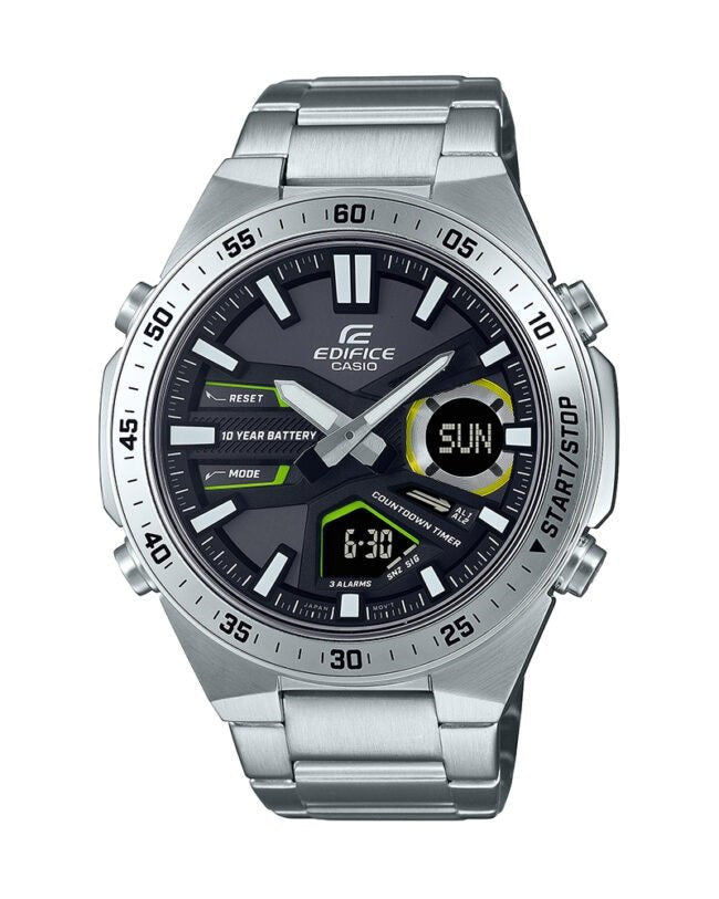 EFV-C110D-1A3VDF Casio Edifice black Dial Silver SS Chain Analog+Digital Men's Watch. - Timecheck
