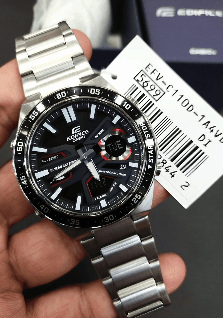 EFV-C110D-1A4VDF Casio Edifice Black Dial Silver SS Chain Analog+Digital Men's Watch. - Timecheck