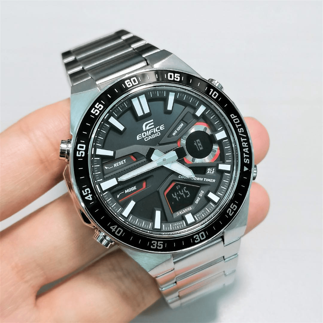 EFV-C110D-1A4VDF Casio Edifice Black Dial Silver SS Chain Analog+Digital Men's Watch. - Timecheck