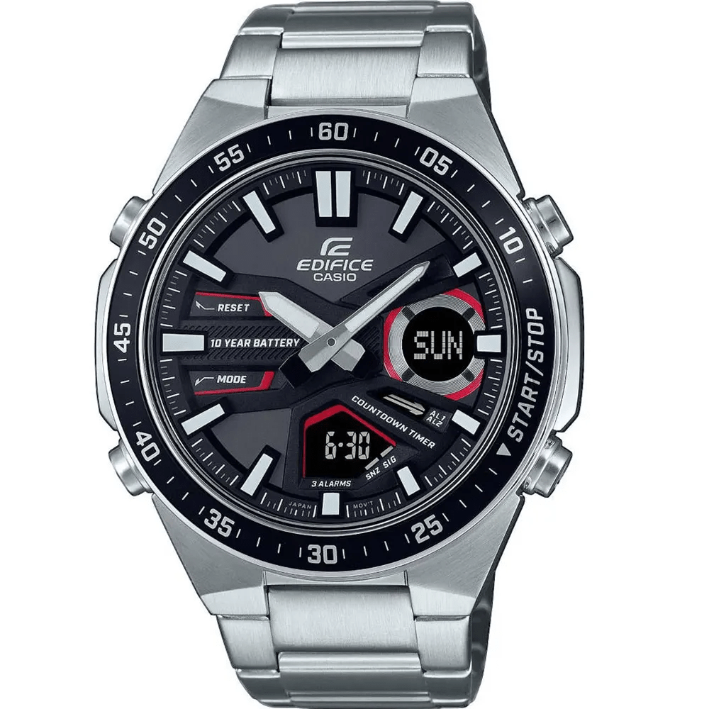 EFV-C110D-1A4VDF Casio Edifice Black Dial Silver SS Chain Analog+Digital Men's Watch. - Timecheck