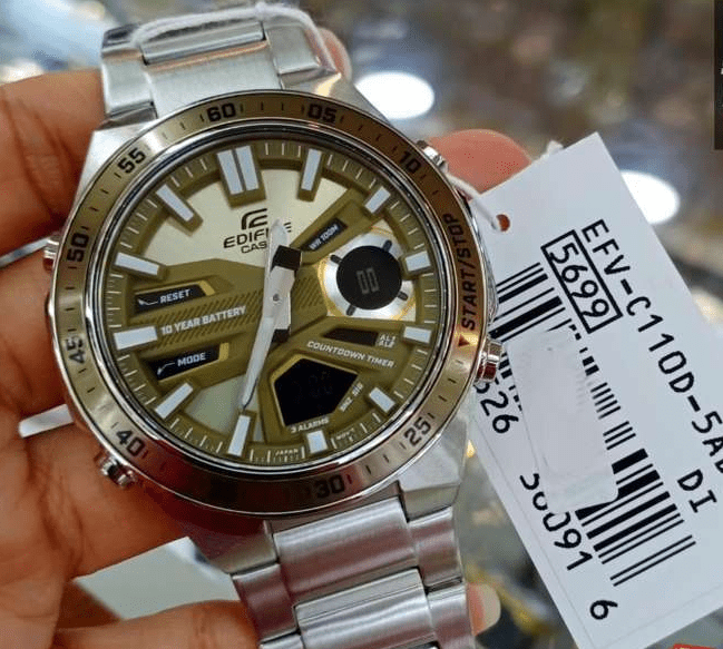 EFV-C110D-1A4VDF Casio Edifice Gold Dial Silver SS Chain Analog+Digital Men's Watch. - Timecheck