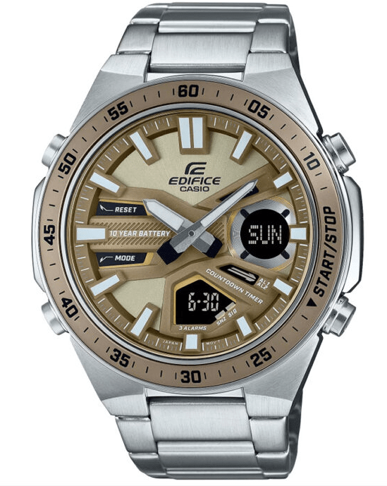 EFV-C110D-1A4VDF Casio Edifice Gold Dial Silver SS Chain Analog+Digital Men's Watch. - Timecheck