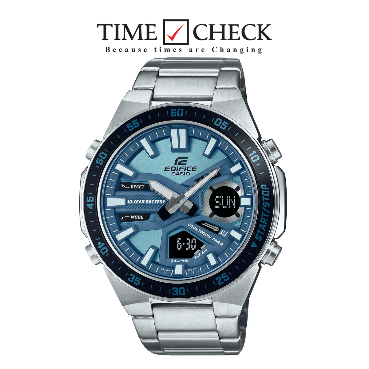 EFV-C110D-2BDF Casio Edifice Light Blue Dial Silver SS Chain Ana-Digi Men's Watch. - Timecheck