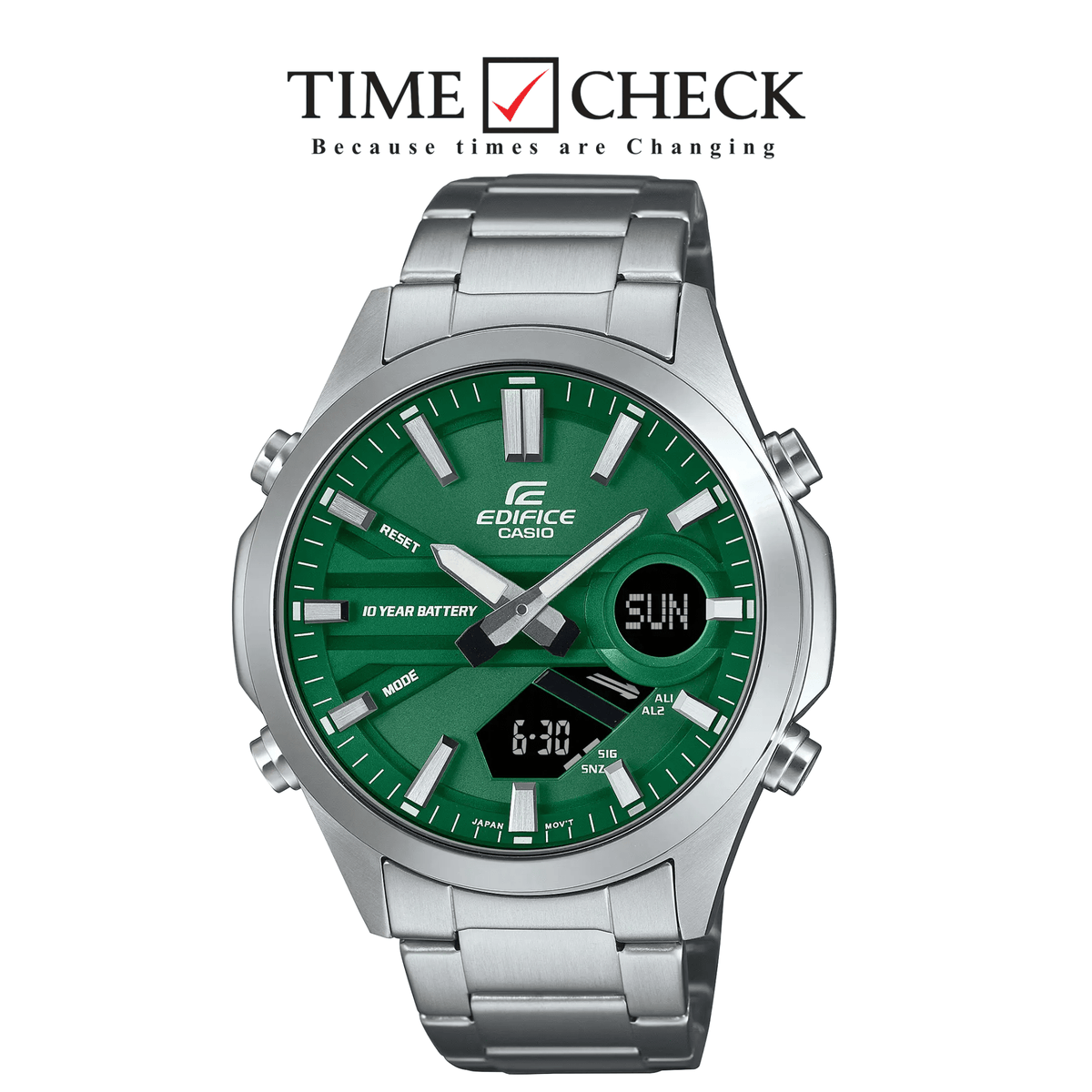 EFV-C120D-3ADF Casio Edifice Green Dial Silver SS Chain Analog Digital Men's Watch. - Timecheck