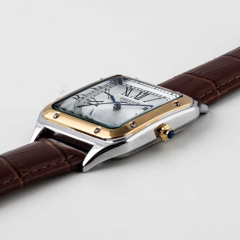 Emerald Santos ES-2033 White Dial Two-Tone Brown Leather Men's Watch - Timecheck