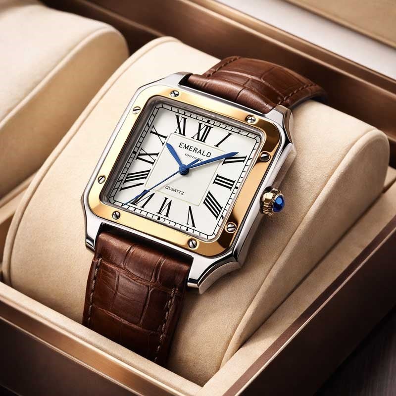 Emerald Santos ES-2033 White Dial Two-Tone Brown Leather Men's Watch - Timecheck