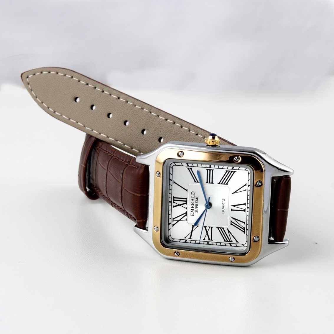 Emerald Santos ES-2033 White Dial Two-Tone Brown Leather Men's Watch - Timecheck