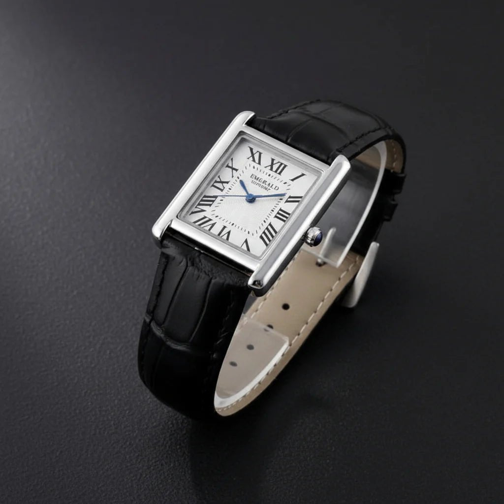 Emerald Tank Solo ES-2026 White Dial Black Leather Men's Watch - Timecheck