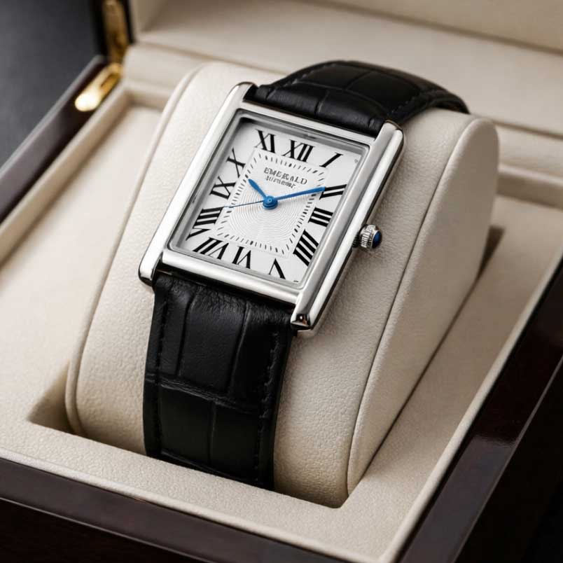 Emerald Tank Solo ES-2026 White Dial Black Leather Men's Watch - Timecheck