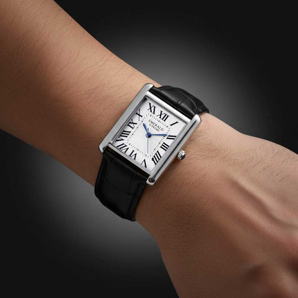 Emerald Tank Solo ES-2026 White Dial Black Leather Men's Watch - Timecheck