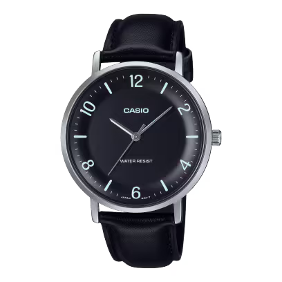 LTP-VT03L-1BDF Casio Black Dial Steel Case BlackLeather Strap Analog Women's Watch.