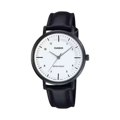 LTP-VT03BL-7BDF Casio White Dial Steel Case Black Leather Strap Analog Women's Watch.