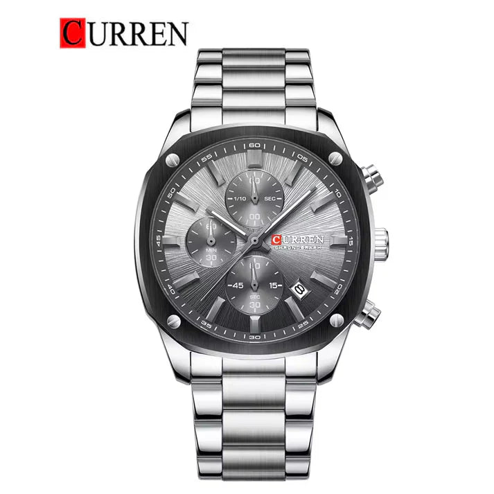 M:8490 Curren Grey Dial Silver Steel Chain Chronograph Analog Quartz Men's Watch.