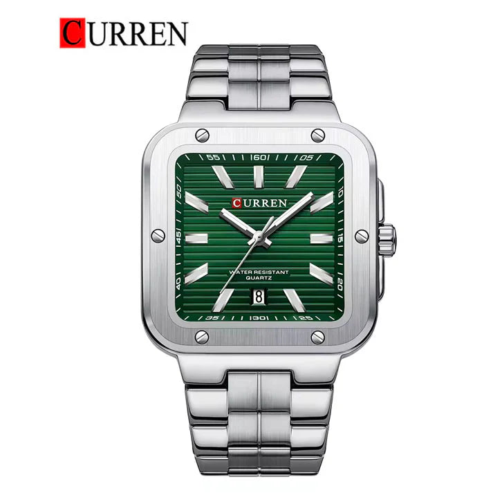 M:8479 CURREN Green Dial SILVER Stainless Steel Chain Analog Quartz Men's Watch With Box & Bag