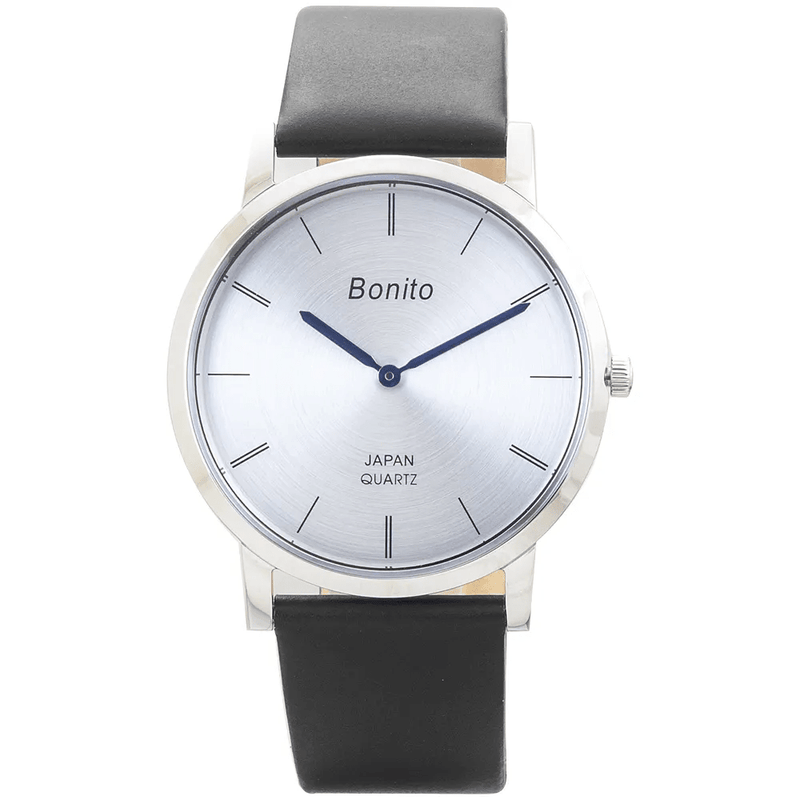 K-4029 BONITO Silver Dial Steel Case Black Leather Band Analog Quartz Men's Watch. - Timecheck