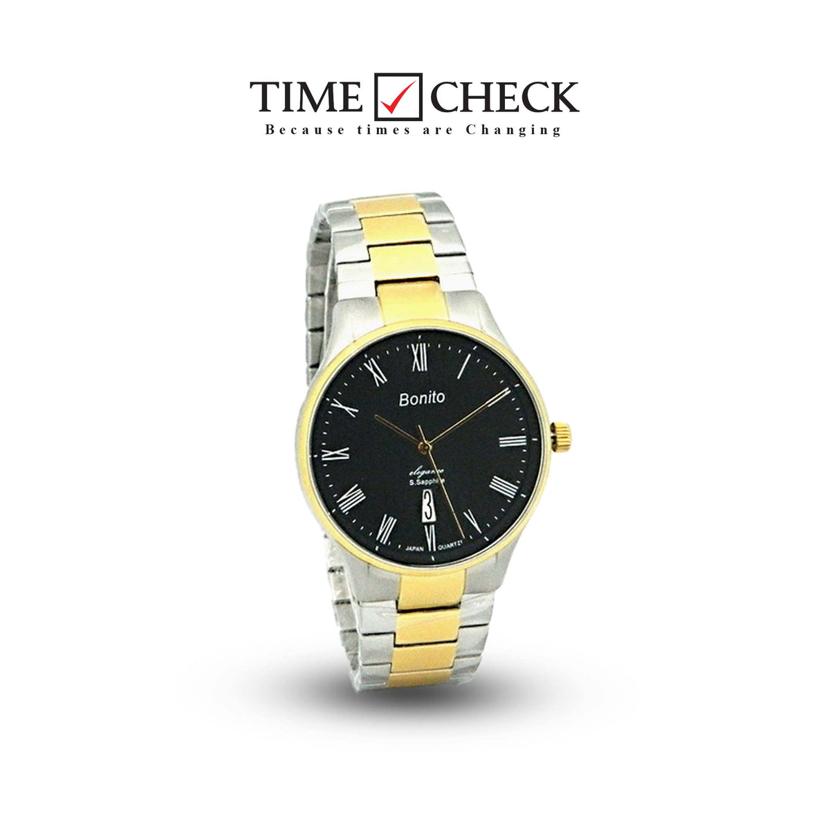 K-5126 Bonito Black Dial Silver-Gold Stainless Steel Chain Analog Quartz Men's Watch. - Timecheck