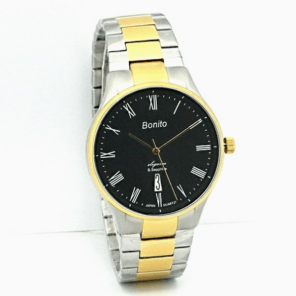 K-5126 Bonito Black Dial Silver-Gold Stainless Steel Chain Analog Quartz Men's Watch. - Timecheck