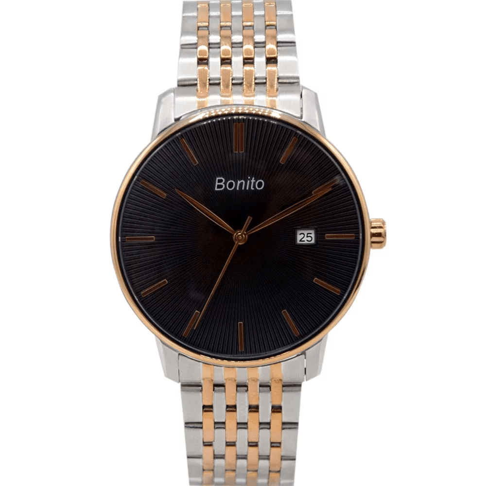 K-5150 Bonito Black Dial Silver-Gold Stainless Steel Chain Analog Quartz Men's Watch. - Timecheck