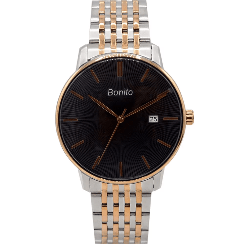 K-5150 Bonito Black Dial Silver-Gold Stainless Steel Chain Analog Quartz Men's Watch. - Timecheck