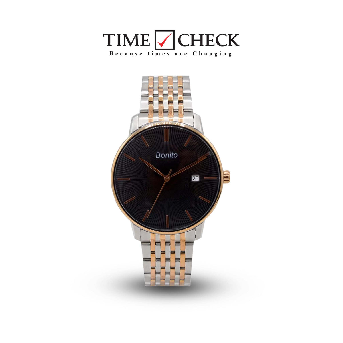 K-5150 Bonito Black Dial Silver-Gold Stainless Steel Chain Analog Quartz Men's Watch. - Timecheck