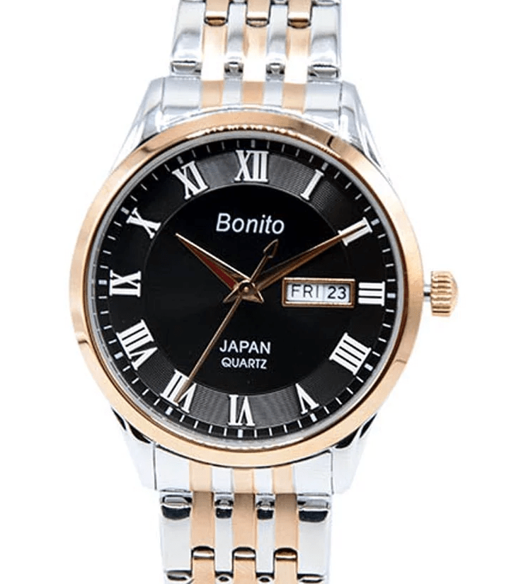 K-6124 Bonito Black Dial Silver-Gold Stainless Steel Chain Analog Quartz Men's Watch. - Timecheck