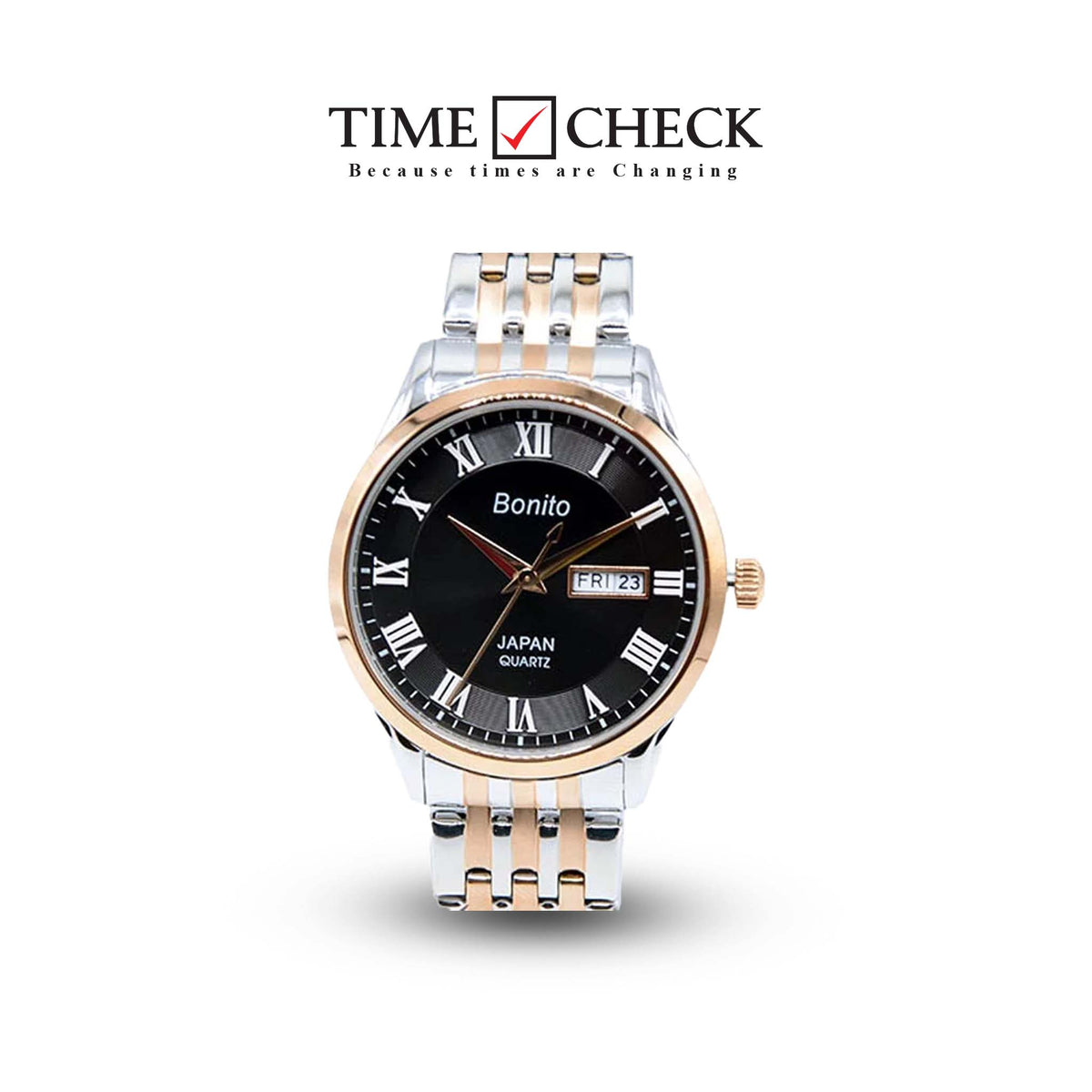 K-6124 Bonito Black Dial Silver-Gold Stainless Steel Chain Analog Quartz Men's Watch. - Timecheck