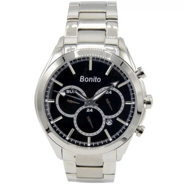 K-7007 BONITO Black Dial Stainless Steel Chain Silver Analog Quartz Men's Watch. - Timecheck