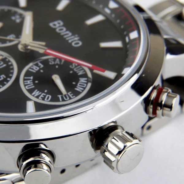 K-7013 Bonito Black Dial Silver Stainless Steel Chain Analog Quartz Men's Watch. - Timecheck