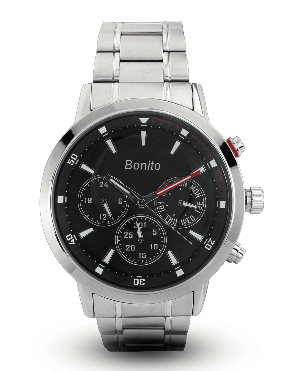 K-7013 Bonito Black Dial Silver Stainless Steel Chain Analog Quartz Men's Watch. - Timecheck