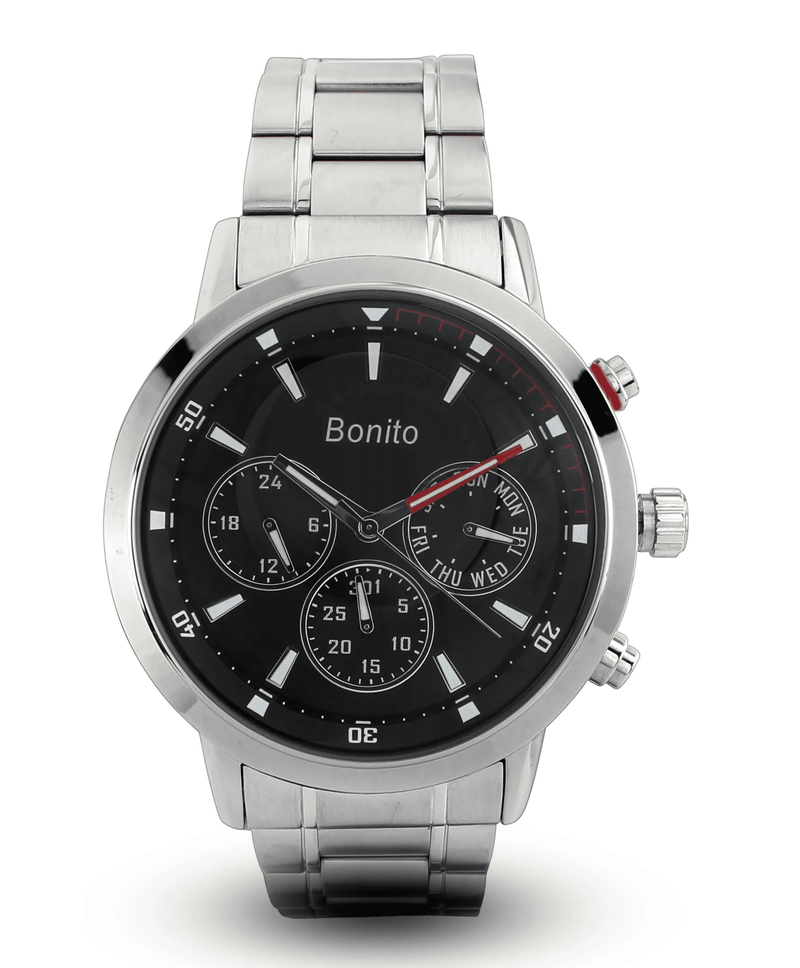 K-7013 Bonito Black Dial Silver Stainless Steel Chain Analog Quartz Men's Watch. - Timecheck