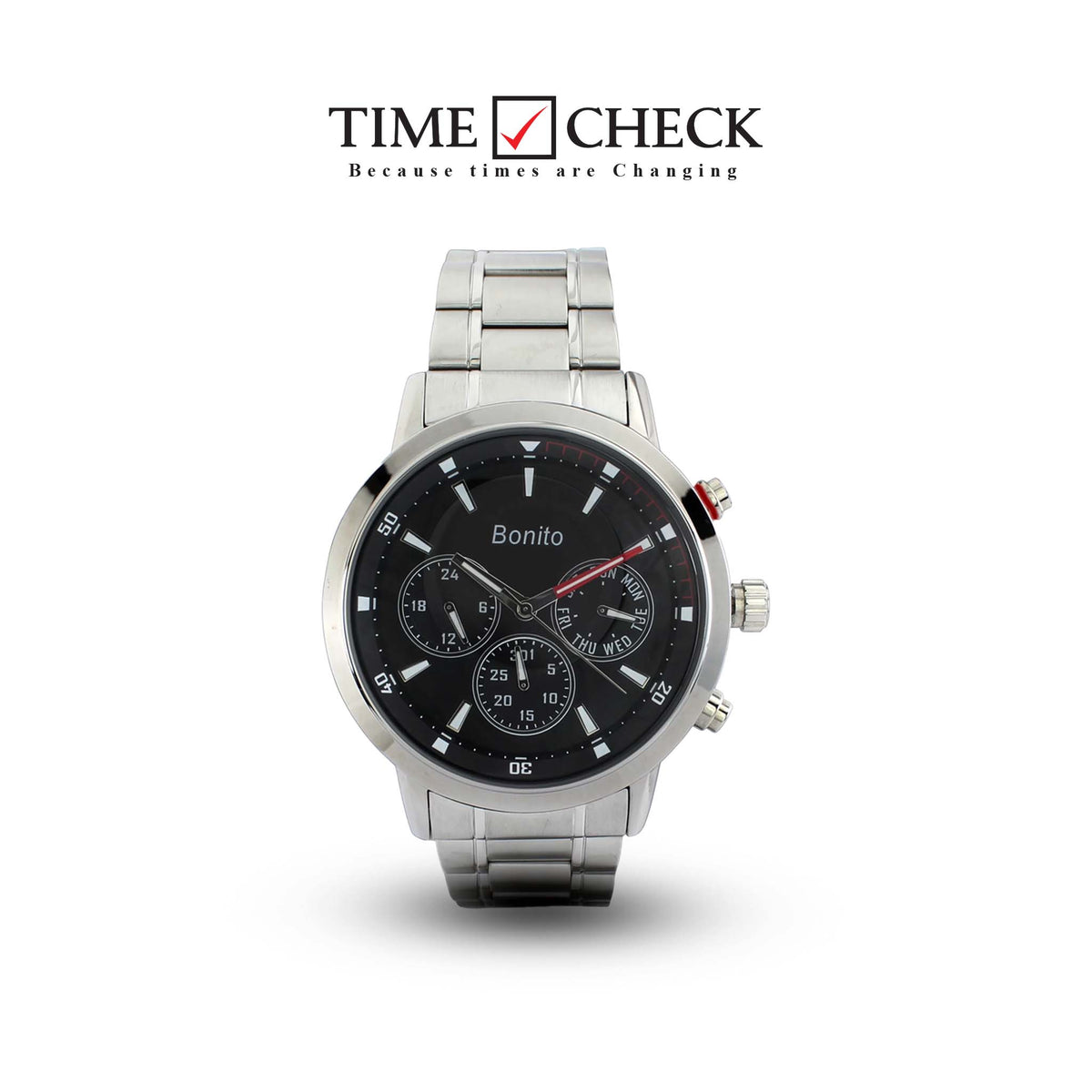 K-7013 Bonito Black Dial Silver Stainless Steel Chain Analog Quartz Men's Watch. - Timecheck